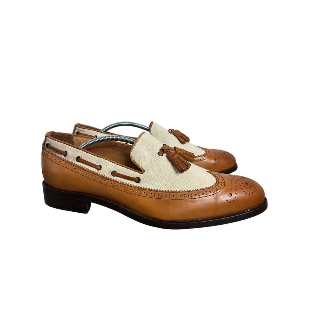 Paul Frederick Men's Size 9M Two Tone Leather Canvas Italian Tasseled Loafer - Picture 2 of 14
